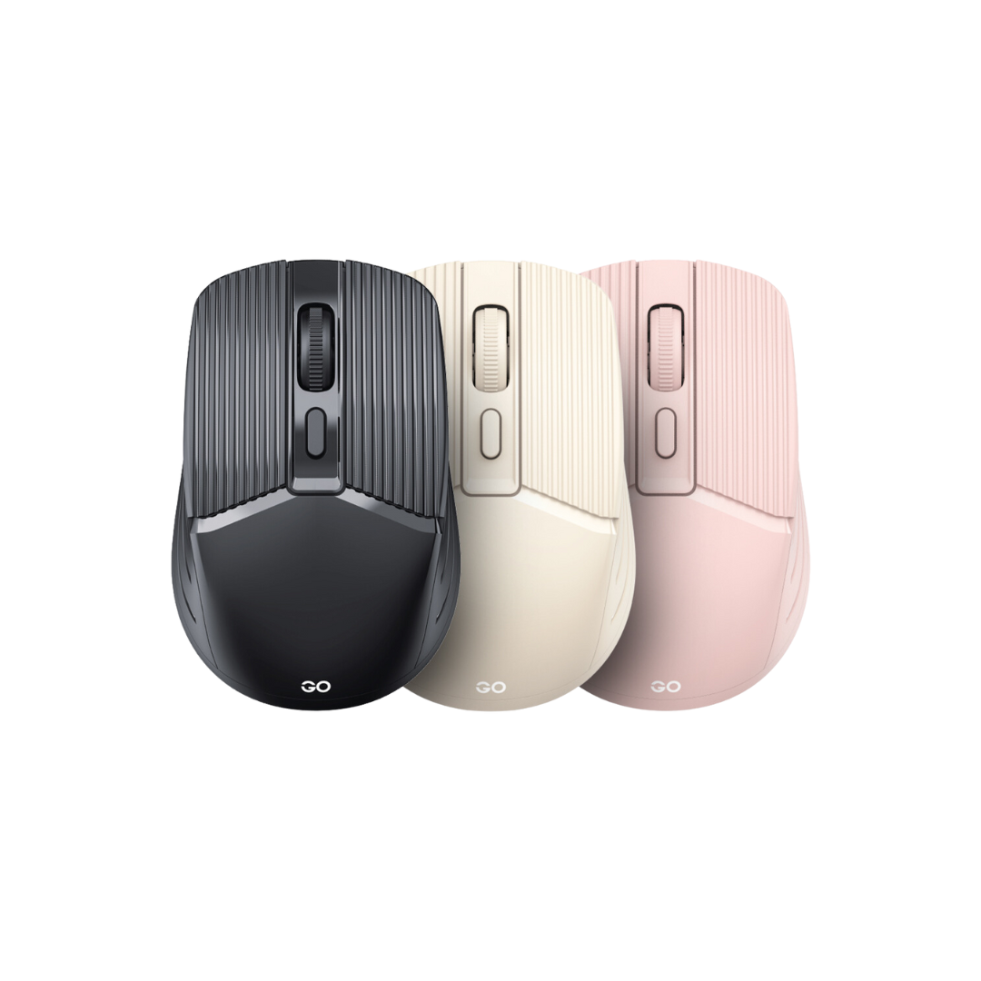 Set of GO wireless mice in black, cream, and pink with a unique vertical striped design, ergonomic grip, and silent click functionality for stylish and comfortable use. Set of GO wireless mice in black, cream, and pink with a unique vertical striped design, ergonomic grip, and silent click functionality for stylish and comfortable use.
